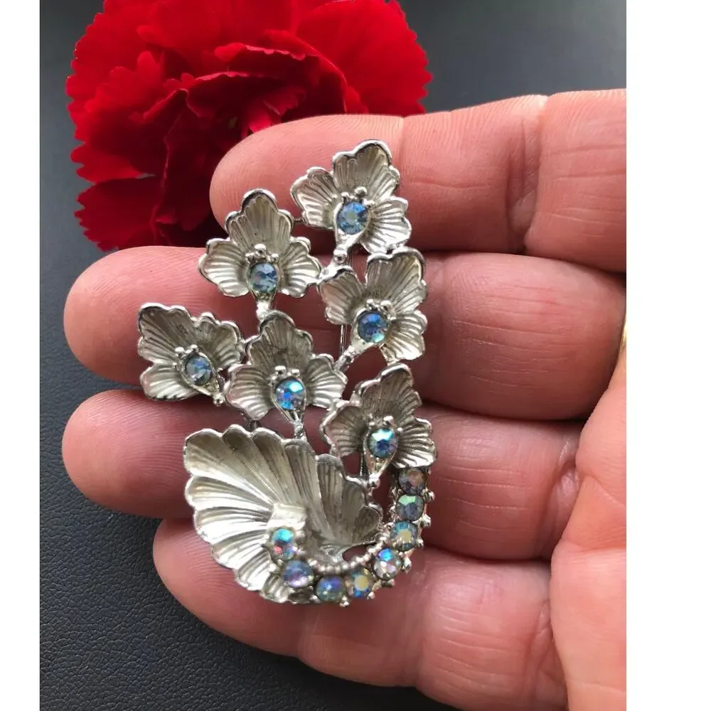 Vintage Brushed Silver Tone Aurora Borealis Brooch Leaf